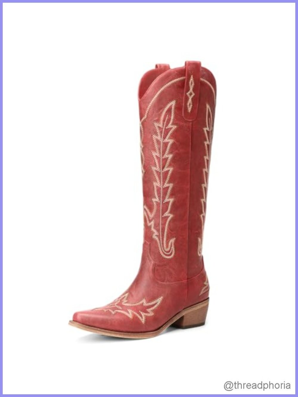 Red Cowgirl Boots Women Knee High Chunky Heel Embroidered Pull On Zipper